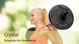  Presentation with barbell - Presentation design enhanced with fitness sport and dieting concept - smiling sporty woman exercising with barbell background and a blonde colored foreground