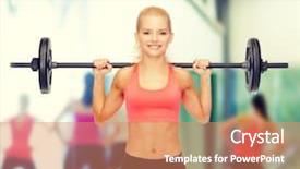  Presentation with barbell - Audience pleasing presentation consisting of fitness sport and dieting concept - smiling sporty woman exercising with barbell backdrop and a coral colored foreground