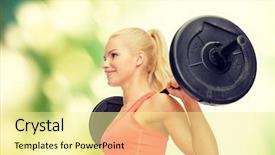  Presentation with barbell - Amazing PPT theme having fitness sport and dieting concept - smiling sporty woman exercising with barbell backdrop and a blonde colored foreground