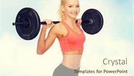  Presentation with barbell - Presentation design with fitness sport and dieting concept - smiling sporty woman exercising with barbell background and a cream colored foreground
