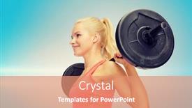  Presentation with barbell - Presentation theme featuring fitness sport and dieting concept - smiling sporty woman exercising with barbell background and a coral colored foreground
