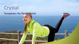  Presentation with exercise mat - PPT theme with fitness sport and healthy lifestyle concept - woman training on exercise mat over sea background background and a sky blue colored foreground