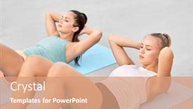  Presentation with female sport - Amazing presentation theme having fitness sport and healthy lifestyle concept - young women or female friends doing sit-ups on mat outdoors backdrop and a coral colored foreground