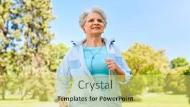  Presentation with senior fitness - Amazing presentation having fitness sport and healthy lifestyle concept - senior woman with earphones listening to music and running along summer park backdrop and a yellow colored foreground