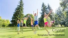  Presentation with healthy people - Cool new slide deck with group of happy people jumping backdrop and a yellow colored foreground