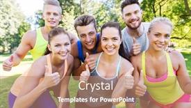  Presentation with group fitness - PPT theme enhanced with fitness sport and healthy lifestyle concept - group of happy friends showing thumbs up at summer park background and a coral colored foreground