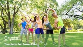  Presentation with boot camp - Presentation design having fitness sport and healthy lifestyle concept - group of happy people exercising at summer park or boot camp background and a seafoam green colored foreground