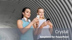  Presentation with female sport - Slide set consisting of fitness sport and healthy lifestyle concept - smiling young women or female friends with smartphones background and a gray colored foreground