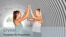  Presentation with women making - Slide deck featuring fitness sport and healthy lifestyle concept - smiling young women or female friends with activity trackers making high five outdoors background and a light blue colored foreground