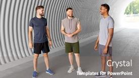  Presentation with tunnel - PPT theme featuring male friends talking in tunnel background and a gray colored foreground