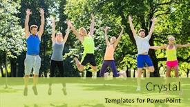  Presentation with healthy people - Amazing PPT theme having group of happy people jumping backdrop and a yellow colored foreground