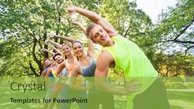  Presentation with summer camp - Beautiful slide deck featuring fitness sport and healthy lifestyle concept - group of happy people exercising at summer park or boot camp backdrop and a yellow colored foreground