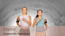  Presentation with female sport - Amazing slide deck having fitness sport and healthy lifestyle concept - happy young women or female friends with earphones wearing armbands with smartphones and running outdoors backdrop and a coral colored foreground