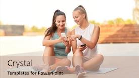  Presentation with female sport - PPT theme having fitness sport and healthy lifestyle concept - smiling young women or female friends with smartphones on rooftop background and a coral colored foreground