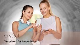  Presentation with female sport - Slide set having fitness sport and healthy lifestyle concept - smiling young women or female friends with smartphones background and a coral colored foreground