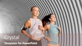  Presentation with smartphones - Slide deck with fitness sport and healthy lifestyle concept - young women or female friends with earphones wearing armbands with smartphones and running outdoors background and a coral colored foreground