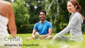  Presentation with group fitness - Cool new slide set with fitness-sport-and-healthy-lifestyle backdrop and a yellow colored foreground