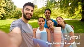  Presentation with group fitness - Colorful PPT theme enhanced with fitness-sport-and-healthy-lifestyle backdrop and a coral colored foreground