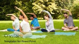  Presentation with group fitness - PPT theme having fitness-sport-and-healthy-lifestyle background and a gold colored foreground