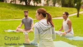  Presentation with group fitness - Amazing PPT theme having fitness-sport-and-healthy-lifestyle backdrop and a yellow colored foreground