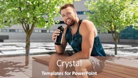  Presentation with man sitting bench - PPT theme with fitness-sport-and-people-concept background and a coral colored foreground