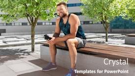  Presentation with man sitting bench - Presentation design featuring fitness-sport-and-people-concept background and a violet colored foreground