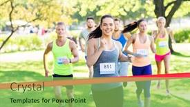  Presentation with marathon running race - Presentation theme with fitness sport and success concept - happy teenage girl winning race and coming first to finish red ribbon over group of sportsmen running marathon with badge numbers at park background and a seafoam green colored foreground