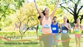  Presentation with marathon running race - Slide set consisting of group of sportsmen running marathon background and a yellow colored foreground
