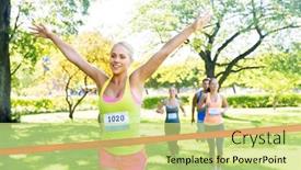  Presentation with marathon running race - Beautiful PPT layouts featuring fitness sport and success concept - happy woman winning race and coming first to finish red ribbon over group of sportsmen running marathon with badge numbers at park backdrop and a yellow colored foreground