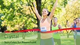  Presentation with marathon running race - Cool new slide deck with fitness sport and success concept - happy woman winning race and coming first to finish red ribbon over group of sportsmen running marathon with badge numbers at park backdrop and a mint green colored foreground