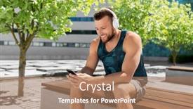  Presentation with music headphones - PPT theme consisting of fitness-sport-and-technology-concept background and a coral colored foreground