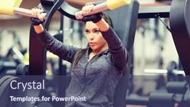  Presentation with bodybuilding - Cool new slides with fitness sport bodybuilding exercising and people concept - young woman flexing muscles on seated chest press machine in gym backdrop and a ocean colored foreground