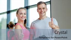  Presentation with woman sport - Amazing presentation having fitness sport exercising and diet concept - smiling young woman with personal trainer in gym showing thumbs up backdrop and a light blue colored foreground