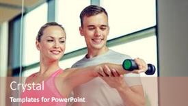  Presentation with personal - Cool new presentation with fitness sport exercising and diet concept - smiling young woman and personal trainer with dumbbell in gym backdrop and a coral colored foreground