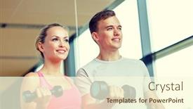  Presentation with trainer - PPT theme with fitness sport exercising and diet concept - smiling young woman and personal trainer with dumbbells in gym background and a cream colored foreground