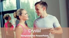  Presentation with trainer - Slides with fitness sport exercising and diet concept - smiling young woman with personal trainer in gym background and a coral colored foreground