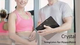  Presentation with trainer - Slide deck enhanced with fitness sport exercising and diet concept - smiling young woman with measuring tape and personal trainer in gym background and a mint green colored foreground