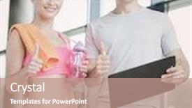  Presentation with personal training - Slides enhanced with fitness sport exercising and diet concept - smiling young woman with personal trainer after training in gym showing thumb up background and a coral colored foreground