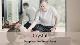  Presentation with trainer - Amazing PPT layouts having fitness sport exercising and diet concept - smiling young woman and personal trainer in gym backdrop and a mint green colored foreground