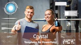  Presentation with trainer - Cool new slide set with fitness sport exercising and diet concept - smiling young woman and personal trainer with clipboard showing thumbs up in gym over virtual charts backdrop and a tawny brown colored foreground