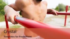  Presentation with parallel - PPT theme consisting of fitness sport exercising training and lifestyle concept - close up of young man doing triceps dip on parallel bars outdoors background and a red colored foreground