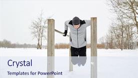  Presentation with parallel - Audience pleasing slides consisting of fitness sport exercising training and people concept - young man doing triceps dip on parallel bars outdoors in winter backdrop and a sky blue colored foreground