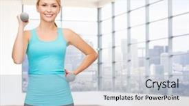  Presentation with flexing - Audience pleasing theme consisting of fitness sport fitness and people concept - smiling woman with light weight dumbbells flexing biceps over gym or home background backdrop and a light gray colored foreground