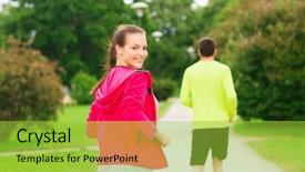  Presentation with friendship - Slides enhanced with fitness sport friendship and lifestyle concept - smiling couple running outdoors background and a yellow colored foreground
