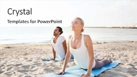  Presentation with friendship - PPT theme featuring fitness sport friendship and lifestyle concept - couple making yoga exercises lying on mats outdoors background and a white colored foreground