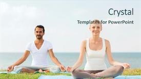  Presentation with friendship - PPT layouts consisting of fitness sport friendship and lifestyle concept - smiling couple making yoga exercises sitting on mats outdoors background and a sky blue colored foreground
