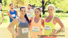  Presentation with marathon - Colorful PPT theme enhanced with fitness sport friendship marathon and healthy lifestyle concept - happy young sporty women with racing badge numbers outdoors backdrop and a lemonade colored foreground