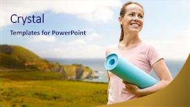  Presentation with healthy lifestyle - Presentation theme consisting of fitness sport healthy lifestyle concept happy smiling woman exercise mat sur coast california background background and a sky blue colored foreground