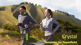  Presentation with healthy people - Presentation theme with fitness sport people and healthy lifestyle concept - happy couple running over big sur hills and road background in california background and a tawny brown colored foreground