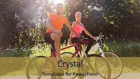  Presentation with healthy people - Slides having fitness sport people and healthy lifestyle concept - happy couple riding bicycle outdoors at summer background and a gold colored foreground
